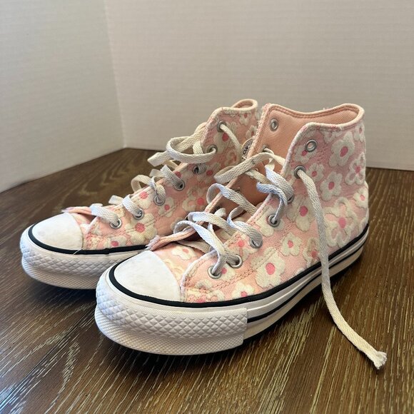 Converse High Tops - Pink with Flocked Flowers - Youth 4 - Picture 1 of 4
